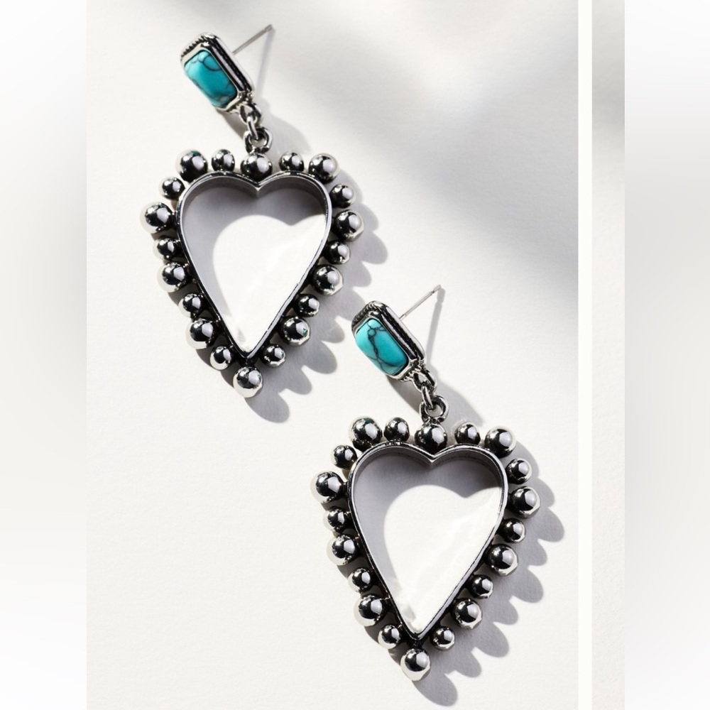 Anthropologie Western Heart Earrings, Silver & Turquoise